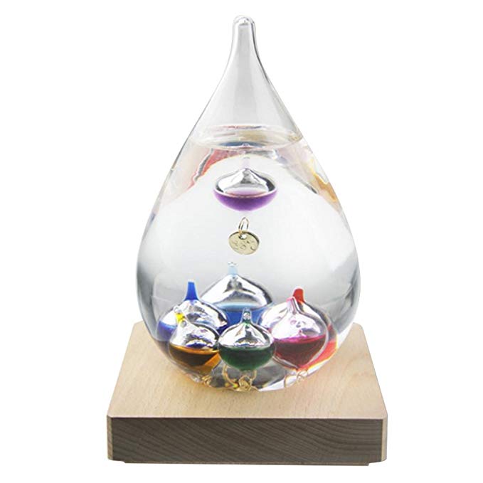 Pawaca Creative Galileo Thermometer Storm Glass Hygrometer and Glass Fluid Barometer, with Color Floats and Gold Tags in a Wood Stand Home Office Christmas Decor Birthday Lover Gifts