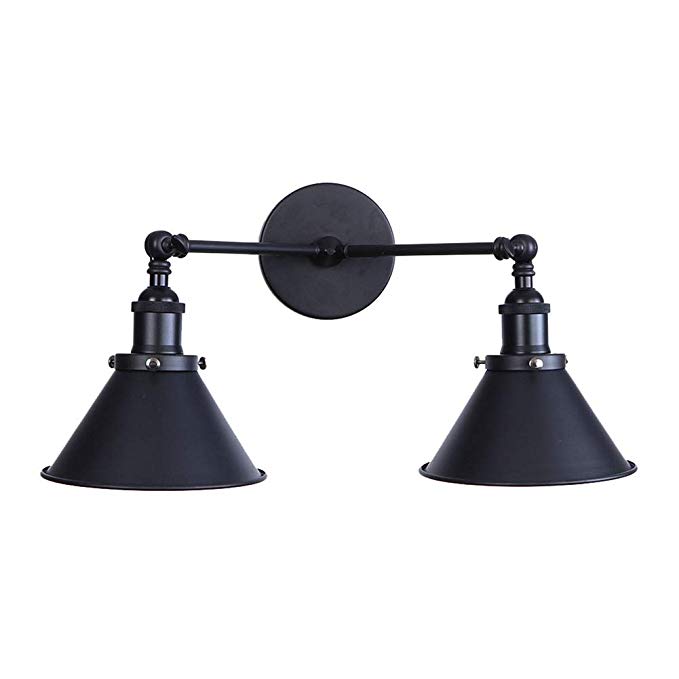 ATC Black Wall Light Sconce 2-Light Arm Adjustable Funnel-Shaped Lampshade Vintage E27 Wall Lamp Retro Industrial Luminaire for Cafe Bar Loft Decor