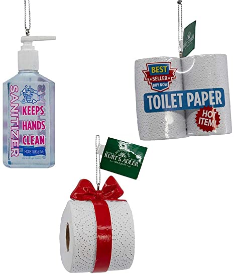 Kurt Adler Hand Sanitizer and Toilet Paper Ornament, Set of 3