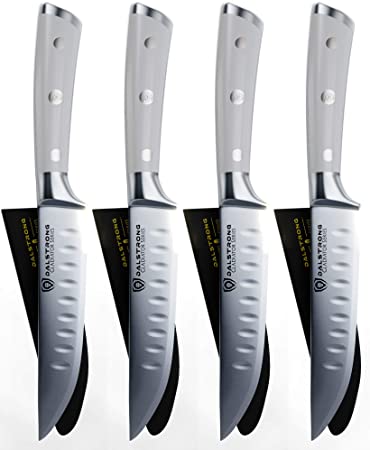 DALSTRONG Steak Knives - Set of 4 - Straight Blade Edge - Gladiator Series - Forged German ThyssenKrupp HC Steel - w/Sheaths (5" Straight-Edge Blade, Glacial White ABS Handle)