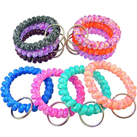 QY 10PCS Colorful Painting Style Plastic Spiral Coil Wrist Band Key Ring Chain