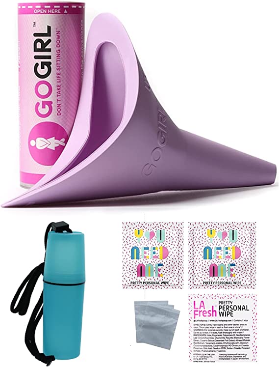 GoGirl Female Urination Device, Lavender & Waterproof for Spills & Splashes Tote Holder. LA Fresh Feminine Natural Wipes & Extra Zip Baggies 5 Tote Color Choices (Blue Tote)