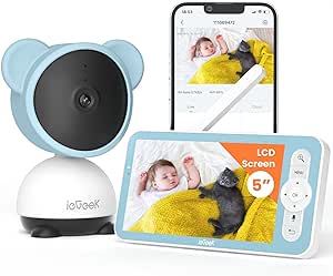 Baby Monitor, ieGeek Video Baby Monitor Camera with 5'' Wireless Display, 360° Remote, Mobile APP Control & LCD Monitor, Sound & Motion Detection, 2 Way Audio, 1080P HD Night Vision, Lullabies