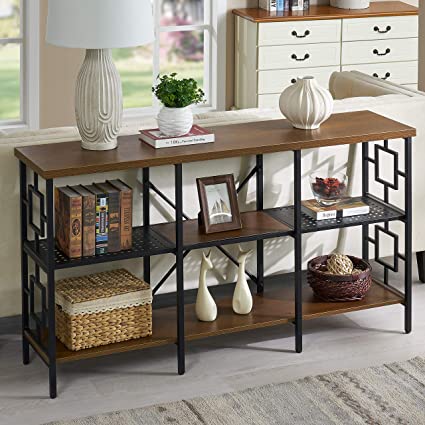 Homissue 3-Tier Console Sofa Table, Industrial Vintage 60-Inch Long Entryway Table with Open Storage Shelf for Living Room, Hallway, Retro Brown
