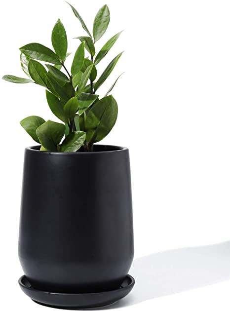 Black Planter Pots for Plants Indoor - 5.3 Inch Glazed Ceramic Plant Pot with Drainage Hole & Saucer for Plants Home Decor(POTEY 050302, Plants NOT Included)