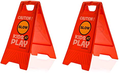 Essentially Yours 2 Pack Kids Playing Safety Floor Sign for Yards and Driveways (Double-Sided, Red) - Caution, Slow, Kids at Play