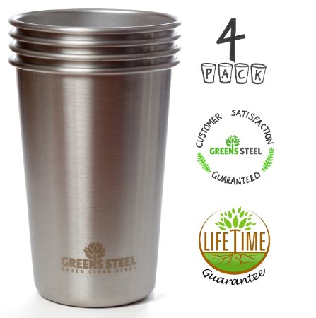 #1 Premium Stainless Steel Cups 16oz Pint Cup Tumbler (4 Pack) By Greens Steel - Premium Metal Drinking Glasses - Stackable Durable Cup
