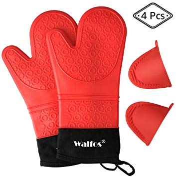 WALFOS Heat Resistant Oven Gloves, Extra Long Silicone Oven Mitts & Oven Mini Mitts, Waterproof,Non-Slip Baking Mitts for Cooking, Baking, BBQ, Camping, Potholders