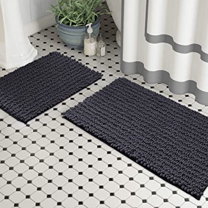 Zebrux Non Slip Thick Shaggy Chenille Bathroom Rugs, Bath Mats for Bathroom Extra Soft and Absorbent - Striped Bath Rugs Set for Indoor/Kitchen (20 x 30   15 x 23'', Charcoal)