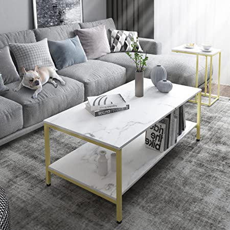 PrimeZone Coffee Table for Living Room - Rectangle Modern Coffee Table with 2 Tier Open Storage Shelf, Sofa Center Table with Gold Metal Frame, White Faux Marble