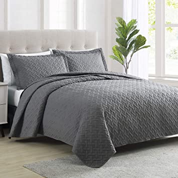 Love's cabin Summer Quilt Set King Size (106x96 inches) Grey - Basket Pattern Lightweight Bedspread - Soft Microfiber Coverlet for All Season - 3 Piece (1 Quilt, 2 Shams)