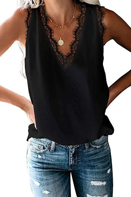 HARHAY Women's V Neck Lace Trim Casual Tank Tops Sleeveless Blouses Shirts