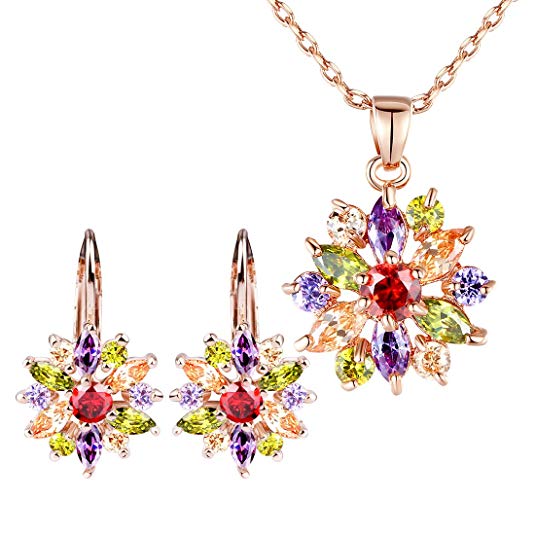 BAMOER 18K Rose Gold Plated Cubic Zirconia Snowflake Lever Back Earrings Necklace Set for Women Girls CZ Jewelry Set