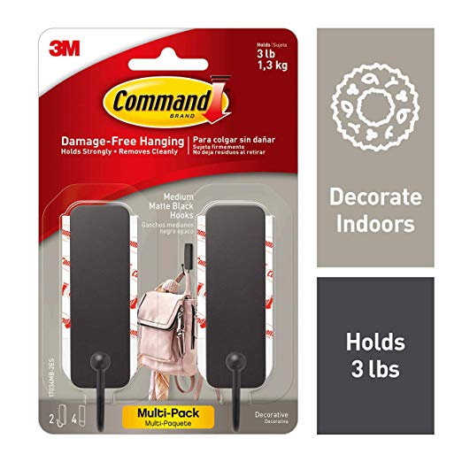 Command 17034MB-2ES Medium Matte Black Decorative, 2 Hooks Per Pack