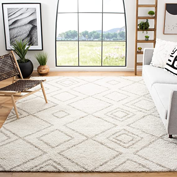 SAFAVIEH Arizona Shag Collection ASG744A Moroccan Diamond Non-Shedding Living Room Bedroom Dining Room Entryway Plush 1.6-inch Thick Area Rug, 10' x 14', Ivory / Beige