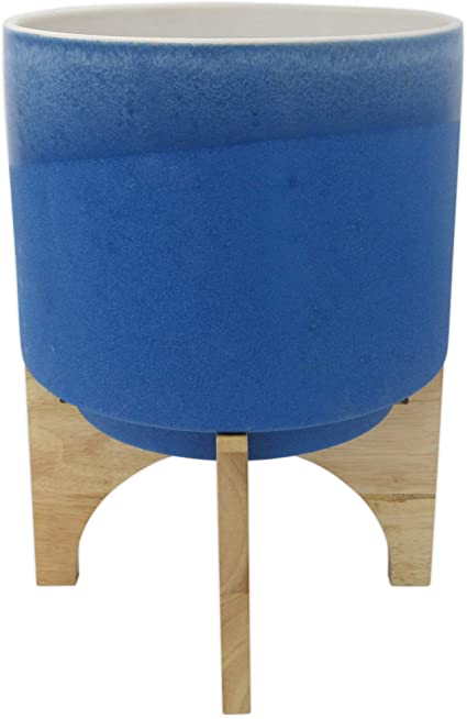 Amazon Brand – Rivet Mid-Century Stoneware Planter with Wood Stand, 10.43"H, Royal Blue