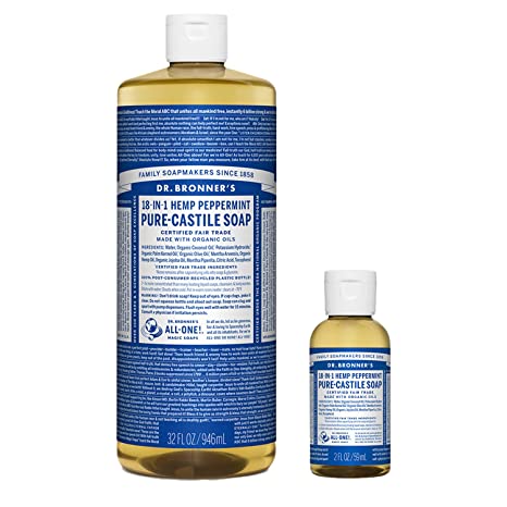 Dr. Bronner’s - Pure-Castile Liquid Soap (Peppermint, 32 ounce and 2oz bundle) - Made with Organic Oils, 18-in-1 Uses: Face, Body, Hair, Laundry, Pets and Dishes, Concentrated, Vegan, Non-GMO
