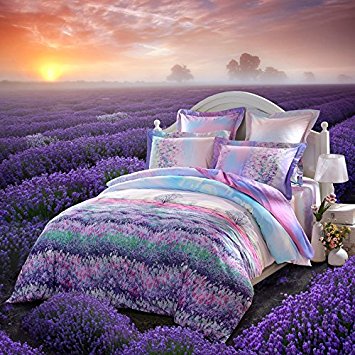 LOVO Fragrance of Provence Beautiful 100% Cotton 4-Piece Bedding Set 1x Duvet Cover, 1x Flat Sheet and 2x Pillow Covers Purple QUEEN