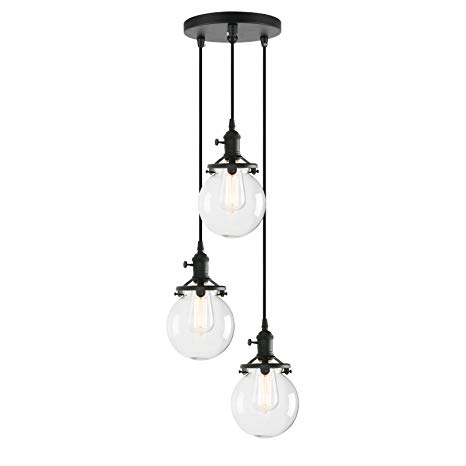 Pathson Island Chandelier Pendant Lighting Fixtures, 3 Lights Vintage Style Globe Clear Glass Shade Indoor Hanging Lights (Black)