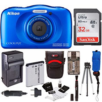Nikon Coolpix W100 Rugged Digital Camera (Blue)   32GB Card   Battery with Charger   Floating Strap   Bundle