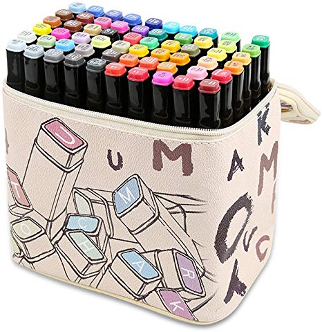 ioiomarker Anime Permanent Markers | 60 Colors Alcohol Based Twin Head Broad and Fine Tips Marker Pen | Black Drawing Pens with Leather Cartoon Bag