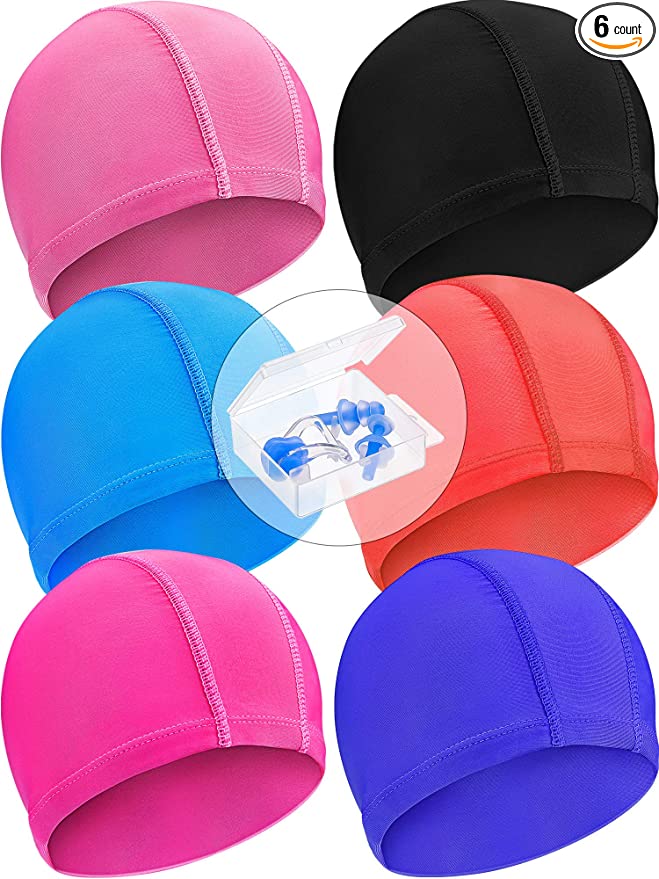 Geyoga 6 Pieces Swim Caps Lightweight Swimming Caps with Nose Clip and Ear Plugs Suitable for Kids, Women, Men While Swimming