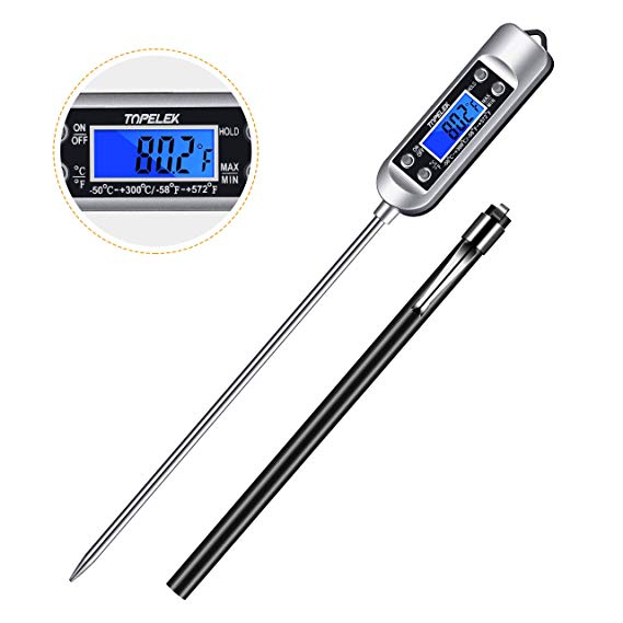 Cooking thermometer, [Upgrade Blue Backlight] TOPELEK Digital Instant Read Kitchen Cooking Food Meat Thermometer with 5.8 Inch Super Long Probe,ºF/ºC Button ,Protective Sleeve and Storage Case for Kitchen, Cooking BBQ, Beer Brewing ,Roast Pork, Roast Beef,Turkey,Candy, Milk, Bath Water