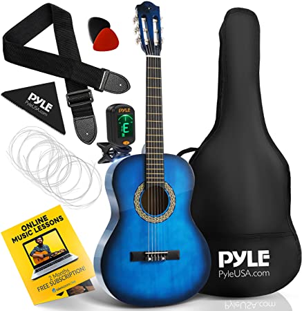 Pyle 36” Classical Acoustic Guitar-3/4 Junior Size 6 Linden Wood Guitar w/Gig Bag, Tuner, Nylon Strings, Picks, Strap, for Beginners, Adults, Right, Ocean Blue (PGACLS82LBR)