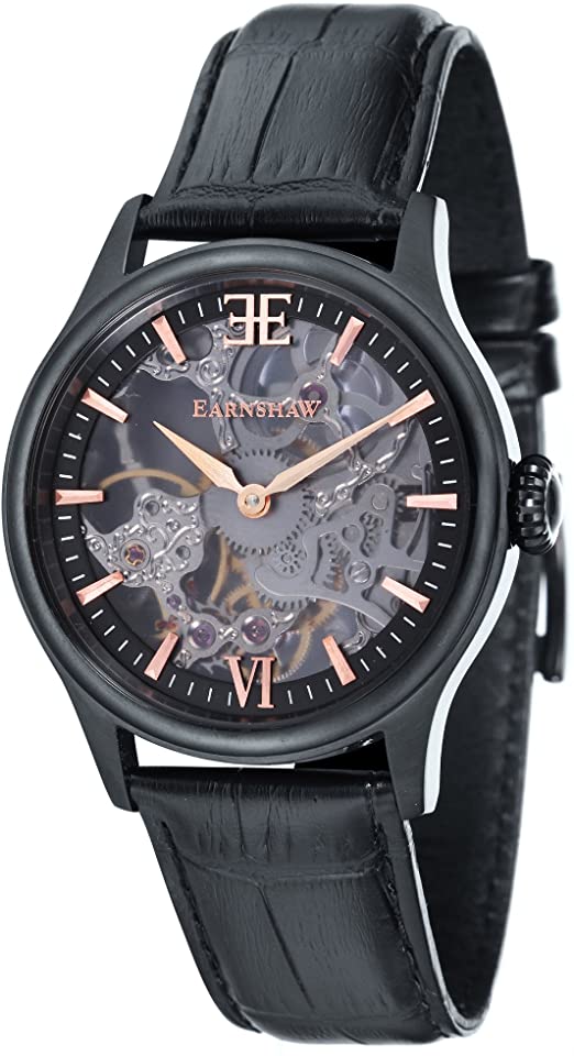Thomas Earnshaw Men's Bauer Stainless Steel Mechanical-Hand-Wind Watch with Leather Strap, Black, 22 (Model: ES-8061-06)