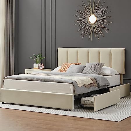 VECELO Queen Upholstered Bed Frame with 4 Storage Drawers and Adjustable Velvet Headboard, Heavy-Duty Platform bedframe, No Box Spring Needed, Beige