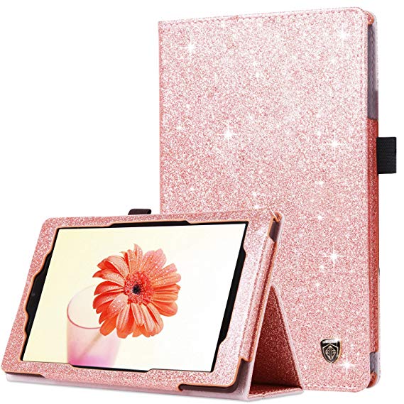 BENTOBEN Fire 7 Tablet Case 2017 Version, Luxury Sparkly Glitter Folio Stand Smart Cover with Stylus Holder Auto Wake/Sleep Slim Protective Tablet Case for Amazon Fire 7 2017 7th Generation, Rose Gold