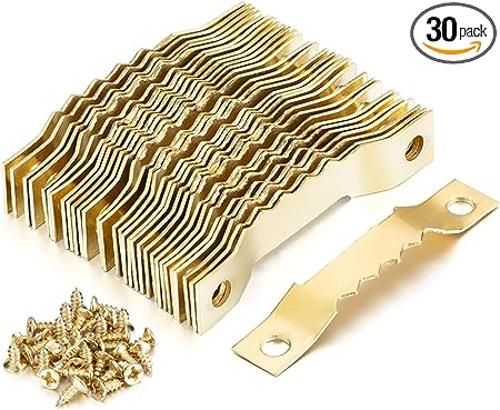 YHYZ Sawtooth Picture Hangers Bulk (Small ), 30pcs Gold Sawtooth Hangers / Hooks with 60pcs Screws, for Picture Frame Painting Photos Artwork Clock Home Decoration (30 Sets, Small)