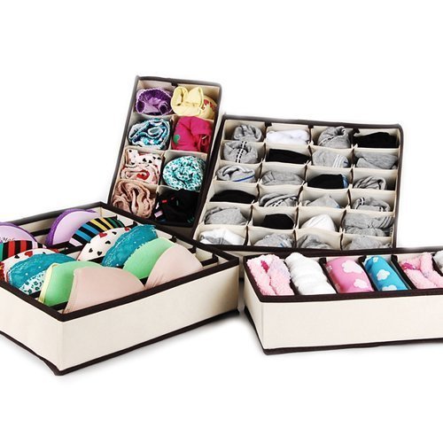 KICODE Collapsible Storage Boxes Bra Underwear Socks Closet Organizer Drawer Divider 4 Set Color Creamy-White