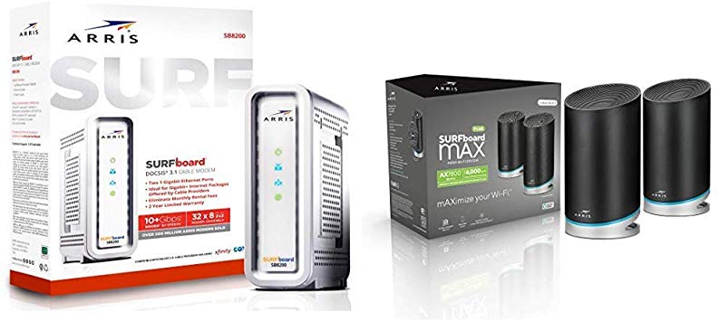 ARRIS Surfboard Gigabit Docsis 3.1 Cable Modem, 10 Gbps Max Speed and ARRIS Surfboard mAX Plus Mesh AX7800 Wi-Fi 6 AX Router System