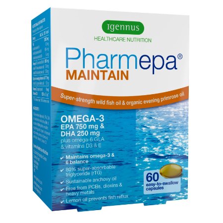 Pharmepa MAINTAIN Omega-3 EPA and DHA Fish Oil 1000 mg Super Strength Dose 80 concentration pharmaceutical-grade wild fish oil and organic evening primrose oil with vitamin D for heart health brain function mood balance and vision 60 capsules