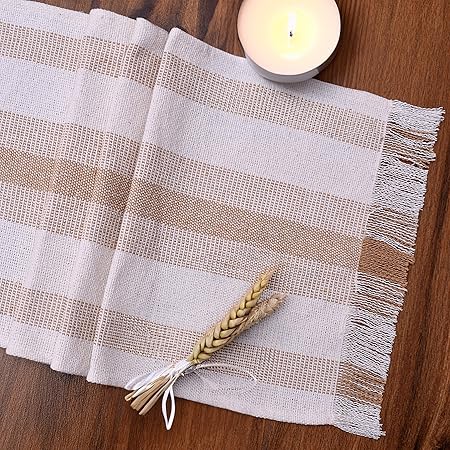 Boho Farmhouse Striped Table Runner 72 Inch Long for Dining Table, Wedding, Dresser Decor - Natural Cotton Tassle Rustic Striped Table Decoration - Ivory / Beige