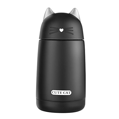 Beyonda FMSB60239 Kitten Insulation Flask Drinking Bottle,Cute Cat Stainless Steel Coffee Thermoses Flask Travel Mug with Handle, Outdoors Hot Milk Water Vacuum Cup for Kids Baby (black)