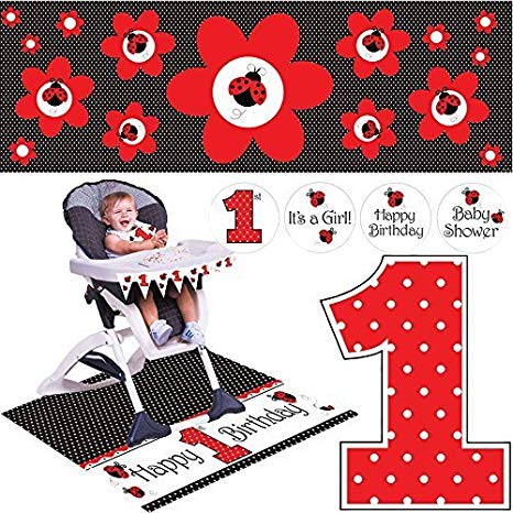 Creative Converting Ladybug Fancy Party Supplies Pack Including Highchair Kit, Candle, and Banner.