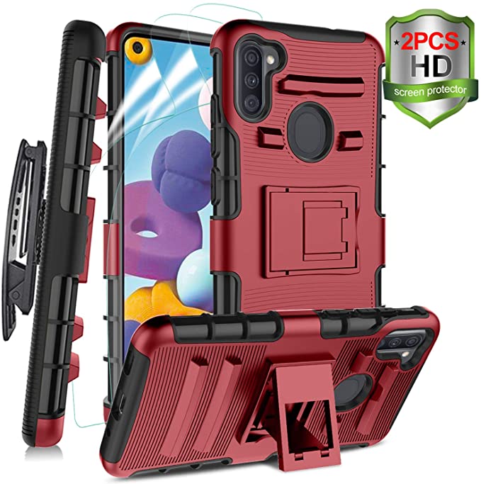 CaseTank for Samsung Galaxy A11 Case, Galaxy A11 Phone Case W 2 Packs [Screen Protectors] Built-in Kickstand Swivel Combo Holster Belt Clip Heavy Duty Shockproof Case, PC-Red