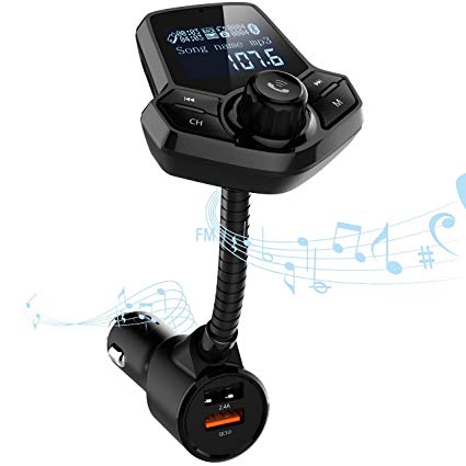 Bluetooth Car FM Transmitter Wireless Car Bluetooth Radio Adapter Hands Free Car Kit with 1.4” Display Dual USB Car Charger TF Card AUX Input Output