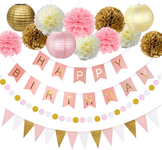 Pink and Gold Birthday Party Decorations Decor Supplies First 1st Birthday Girl Decors Decorations Kit Pom Pom Lanterns Polka Dot Triangle Garland Banner Party Supplies Backdrop
