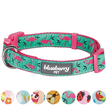 Blueberry Pet 9 Patterns Pink Flamingo on Light Emerald Dog Collar, Small, Neck 12"-16", Adjustable Collars for Dogs