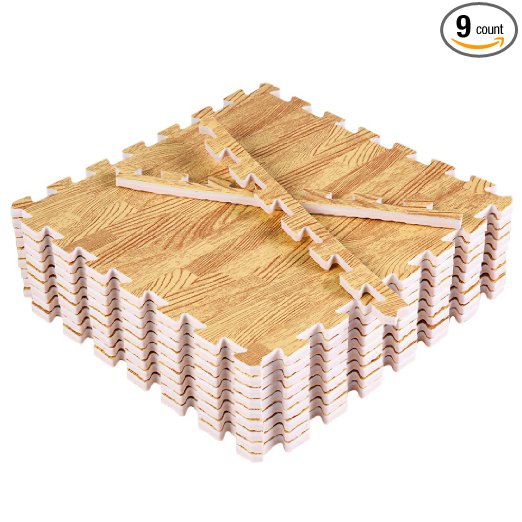 Eva Foam Mat, Superjare 9 Tiles (9 tiles = 9 sq.ft) Interlocking Tiles Protective Flooring, with Boarders Light Wood Grain