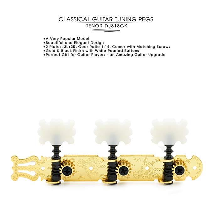 DJ313GK TENOR Classical Guitar Tuners, Tuning Key Pegs/Machine Heads for Classical or Flamenco Guitar with Gold Plated Finish and Pearl Colored Butterfly Buttons.