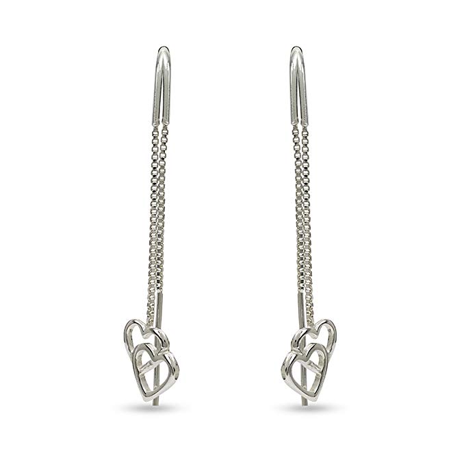 LeCalla Women's Sterling Silver Jewelry Light Weight Heart Drop Box Chain Threader Earrings