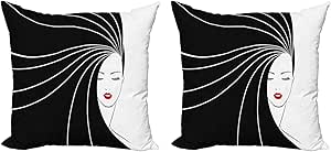 Ambesonne Hair Salon Decorative Throw Pillow Case Pack of 2, Traditional Beauty with Extra Long Straight Hair and Red Lips, Couch Bedroom Living Room Cushion Cover, 20", Ruby Black and White