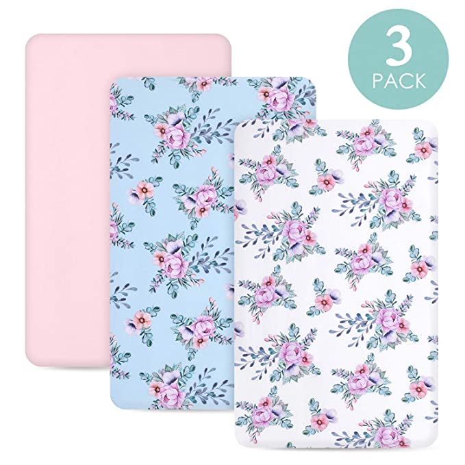 TILLYOU Jersey Knit Floral Mini Crib Sheets, 170 GSM Thicker Softer Pack N Play Sheets Set for Girls, Ultra-Soft Breathable Playard Playpen Sheets, Secret Garden