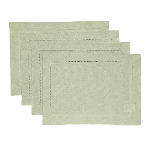 Solino Home Hemstitch Linen Placemats - Sage Green Set of 4, 14 x 19 Inch 100% European Flax Natural Fabric - Machine Washable Placemats - Handcrafted with Classic Hemstitch & Mitered Corners