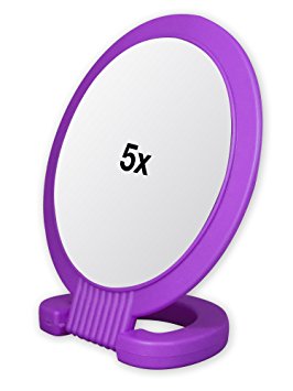 Double Sided Pedestal Mirror Stand - Vanity Round Mirror with 1x and 5x Magnification - Adjustable Handle and Portable Free-Standing Mirror for Travel, Shaving, Bathrrom, Tabletop, Makeup (Purple)