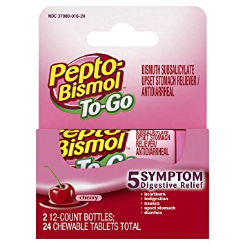 Pepto Bismol To Go Upset Stomach, Indigestion, Nausea, Heartburn and Diarrhea Relief Medicine, Cherry, 24 Chewable Tablets (2x12 Count Bottles)